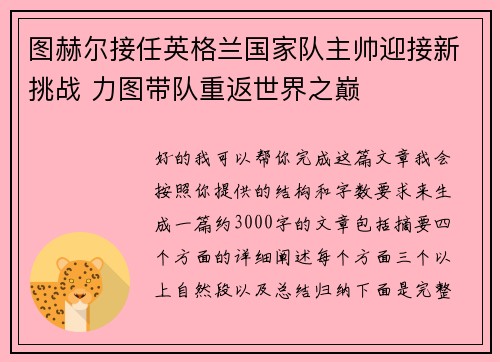 图赫尔接任英格兰国家队主帅迎接新挑战 力图带队重返世界之巅 图赫尔接任英格兰国家队主帅迎接新挑战 力图带队重返世界之巅