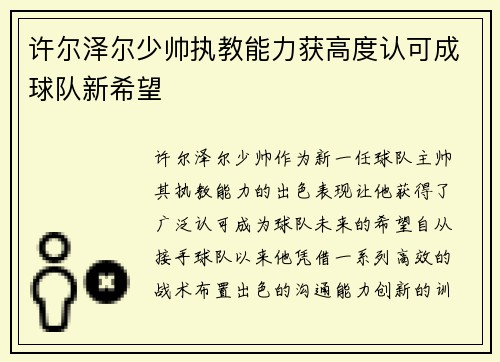 许尔泽尔少帅执教能力获高度认可成球队新希望